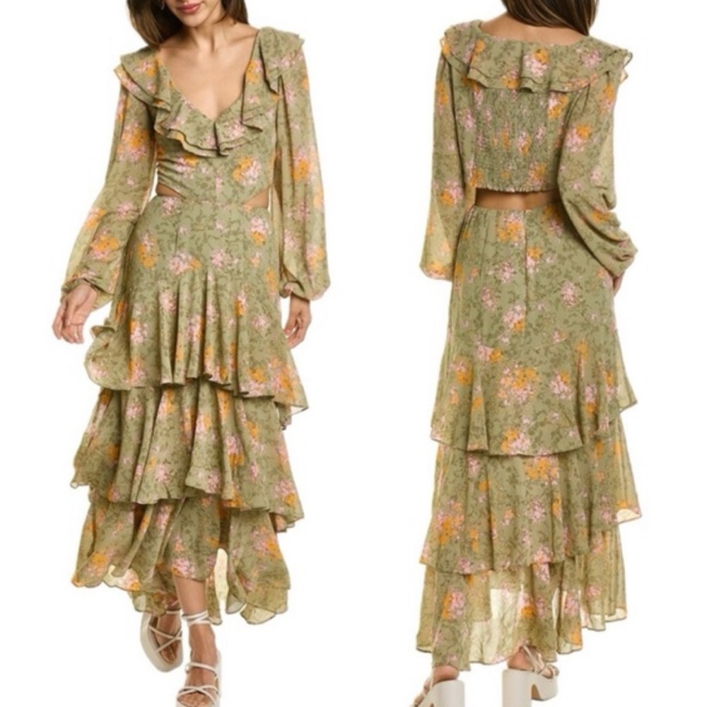 WAYF Sz S Dress Floral Ruffled Tiered Cut Out Maxi Green Boho Vacation Party